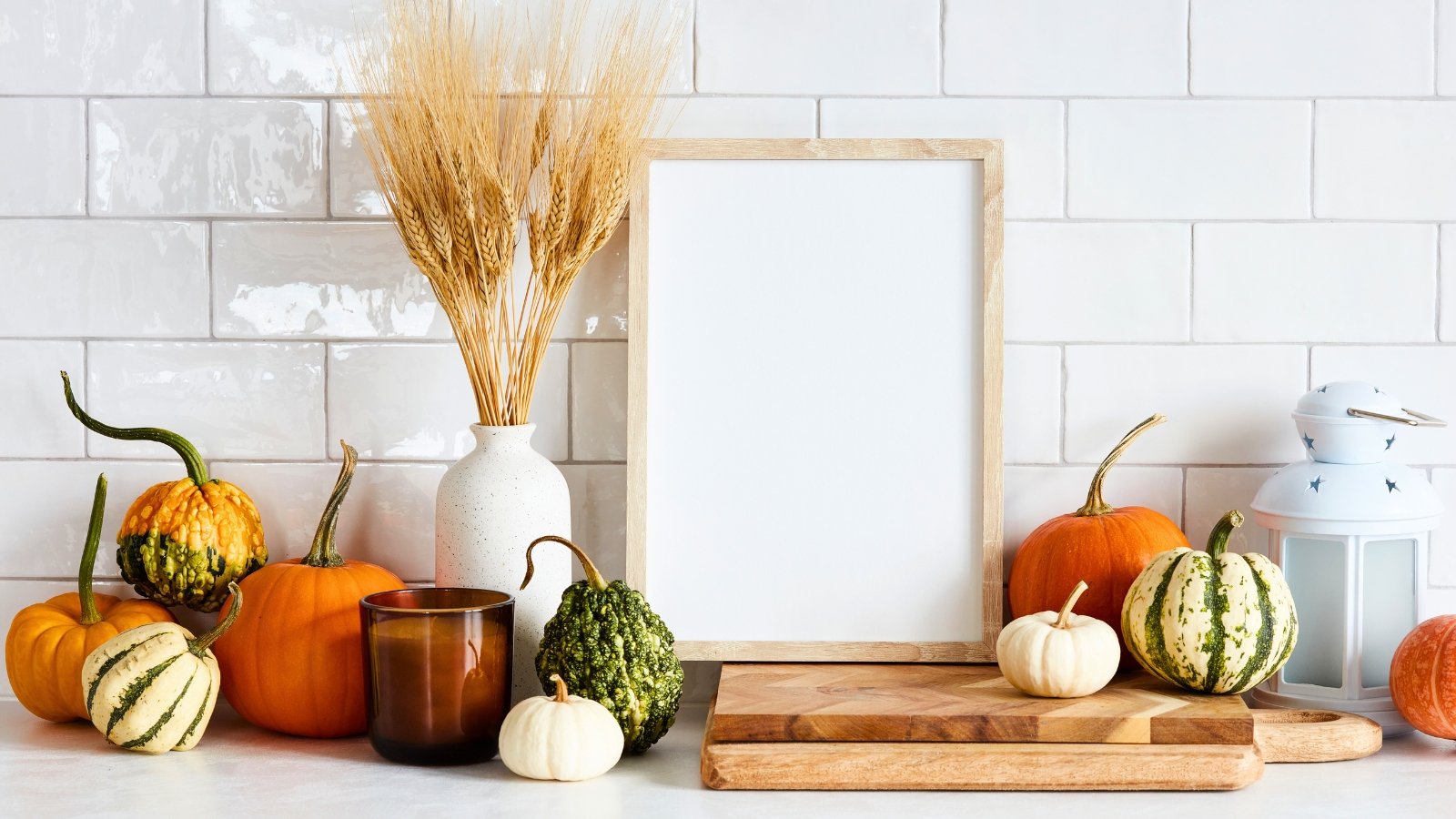 A collection of decorative gourds and miniature pumpkins in various colors and stripes is arranged next to a vase holding dried wheat stalks.