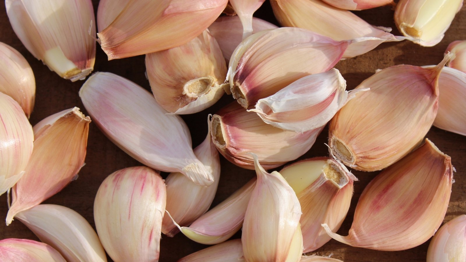 Loose garlic cloves in shades of brown and pink are scattered, showing their smooth, papery skins and plump shapes.