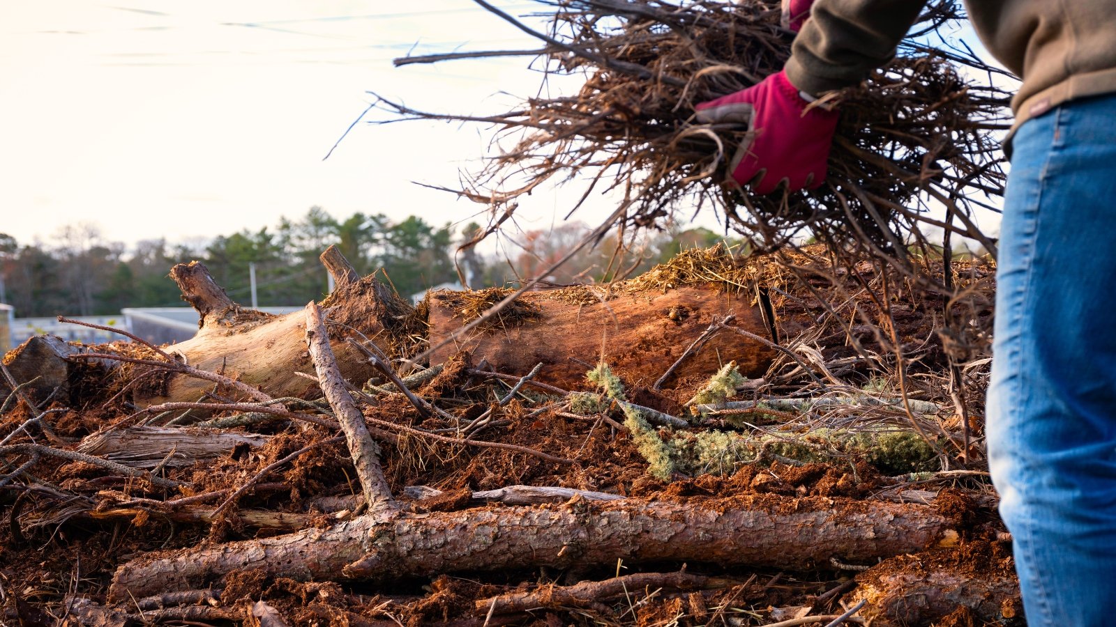 A gardener wearing pink gloves arranges a pile of small twigs into a structured log pile.