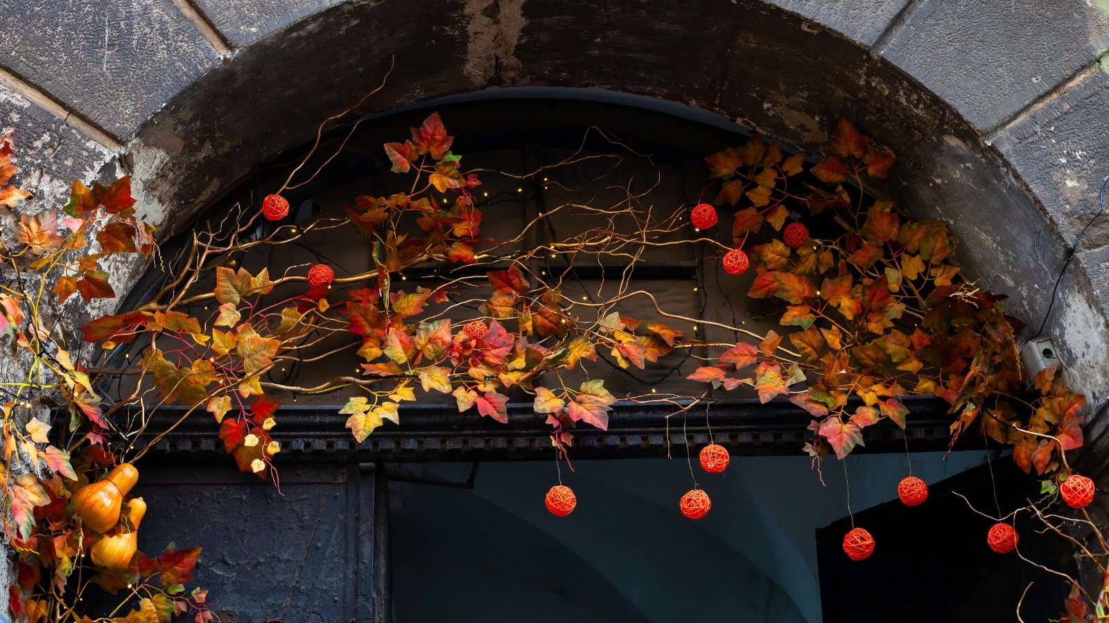 A dark archway is decorated with artificial maple and grape leaves and thin grapevine branches intertwined with fairy lights.