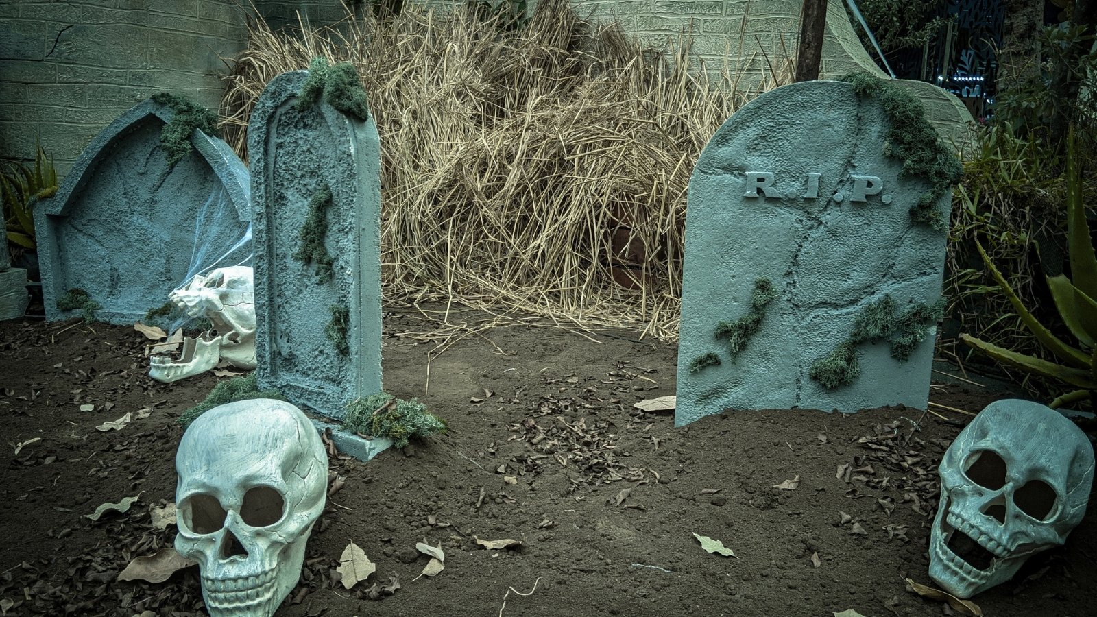 A Halloween garden scene features skulls and weathered tombstones draped with green moss, creating an eerie, aged atmosphere.