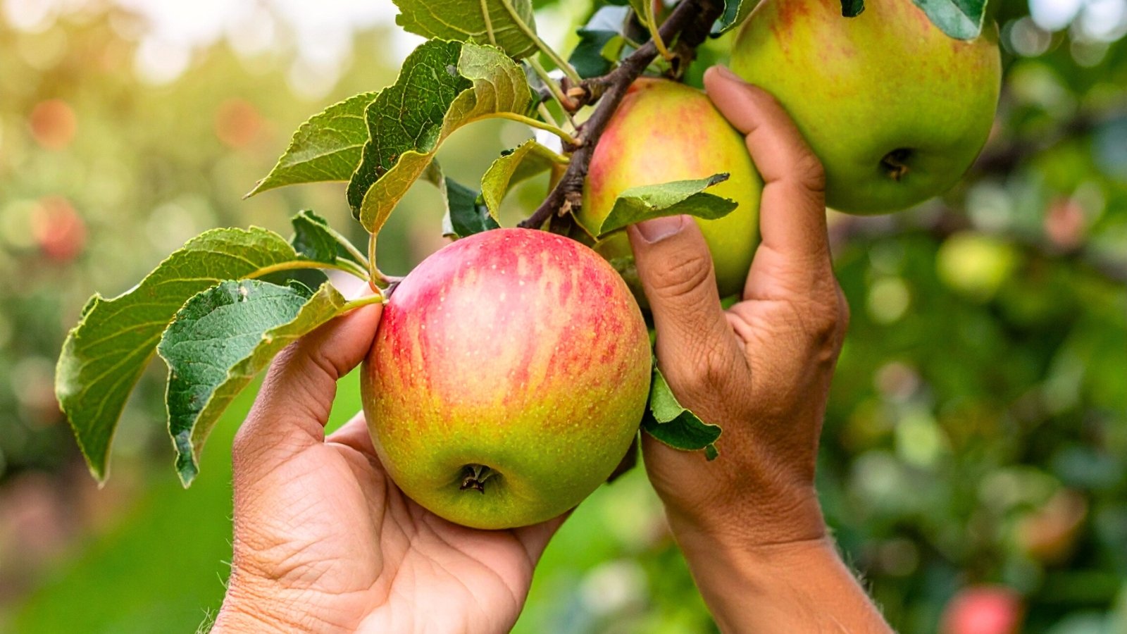 Man’s hand picking large, blushed green apples from a leafy branch in a sunlit garden.
