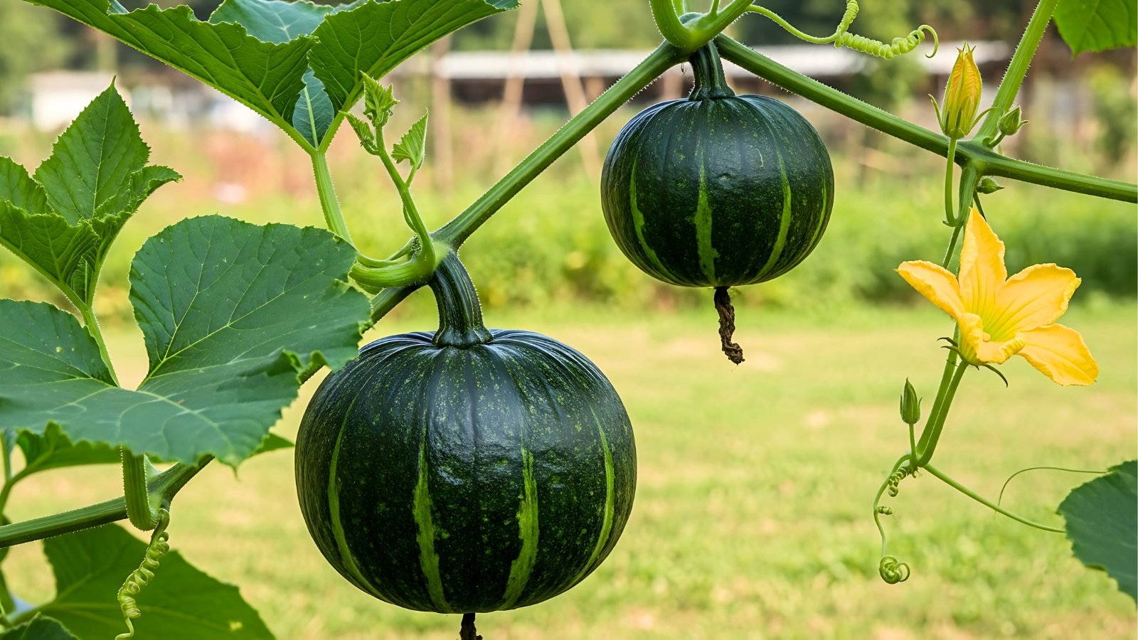 Round, dark green fruits with faint pale stripes hang from thick stems, surrounded by broad, slightly lobed leaves.
