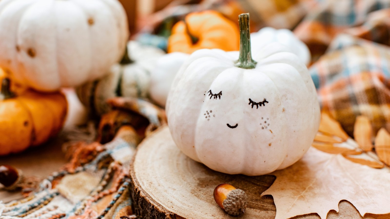 A small, white decorative pumpkin with a painted face sits on a wood slice next to acorns and dried maple leaves.