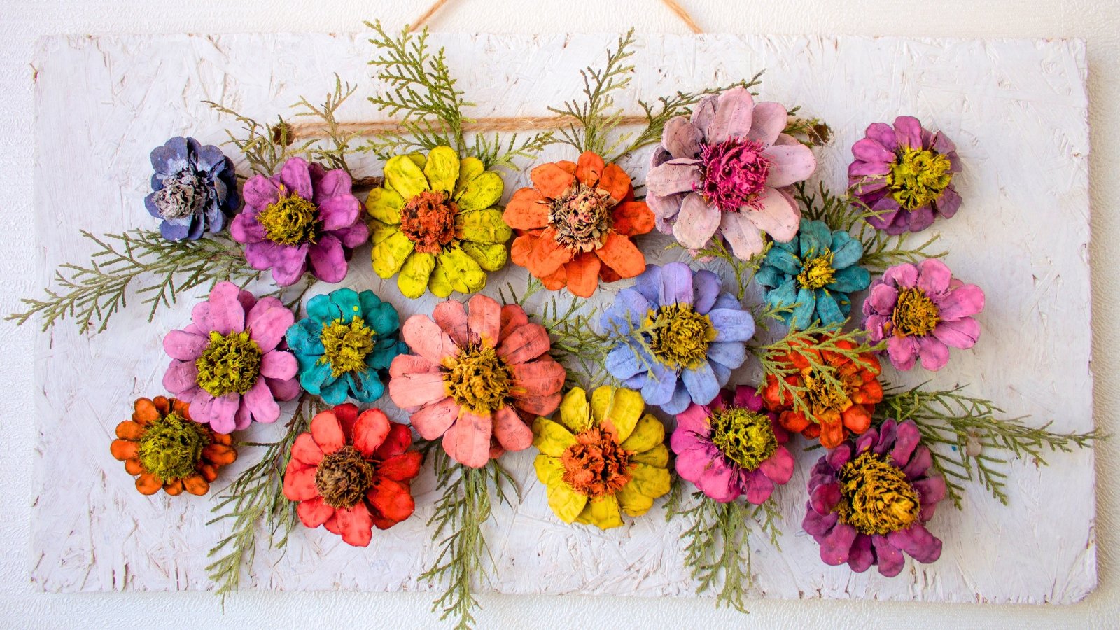 A wall hanging made of pine cones that have been painted to resemble various zinnias or daisies, accented with fresh cedar sprigs.