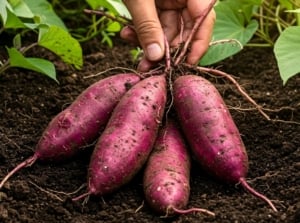 A gardener’s hand holds several freshly dug purple sweet potatoes with smooth, elongated, irregular shapes and rich violet skin, showing off their fall root vegetables.