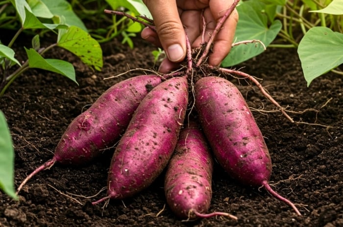 A gardener’s hand holds several freshly dug purple sweet potatoes with smooth, elongated, irregular shapes and rich violet skin, showing off their fall root vegetables.