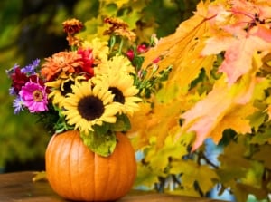 A large, hollowed-out pumpkin used as a vase for mixed zinnias and sunflowers, creating a warm example of foraged fall decor.