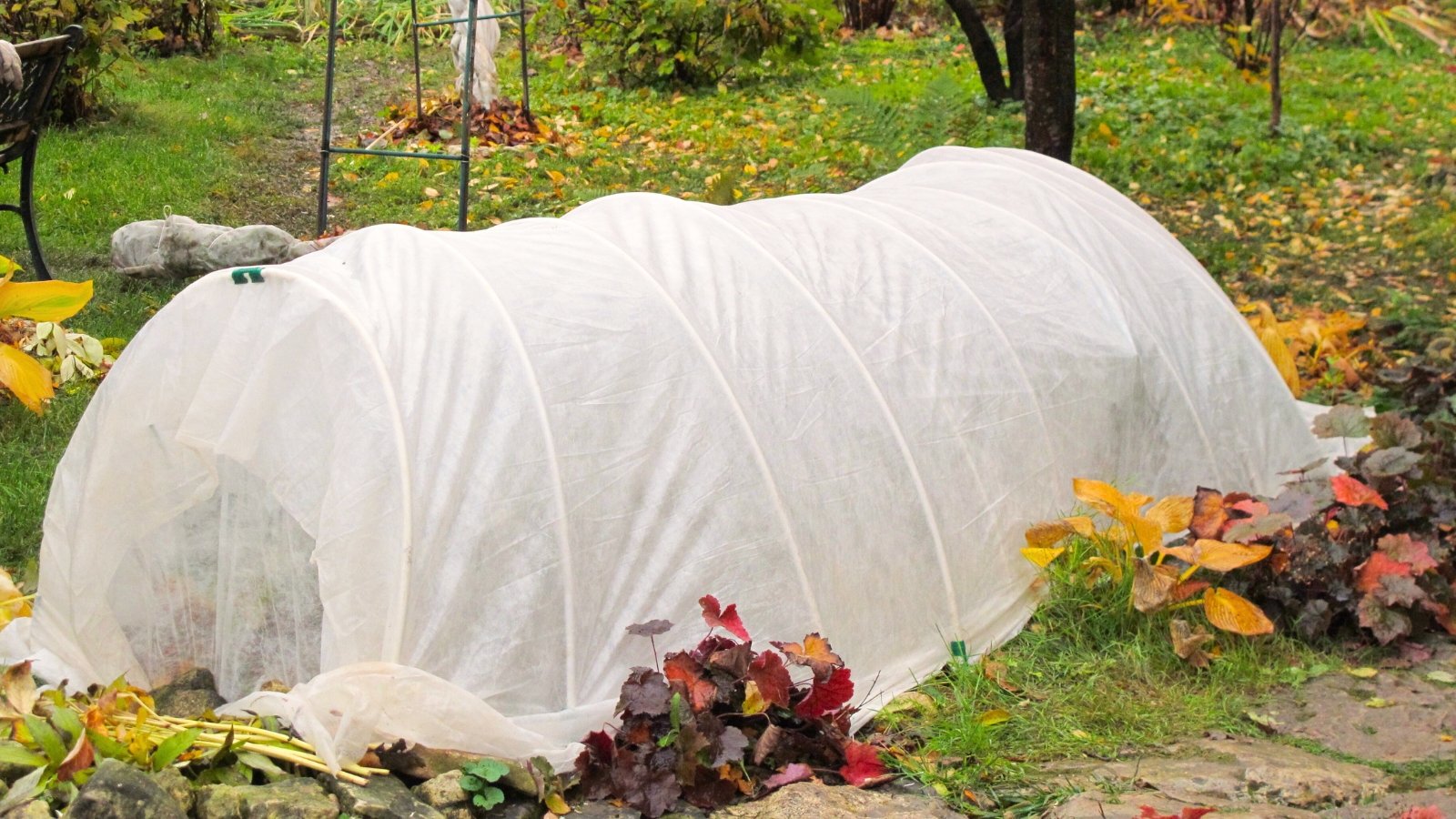 An autumn garden shows a vegetable bed covered with white row covers stretched over hoops, providing late season vegetable protection.