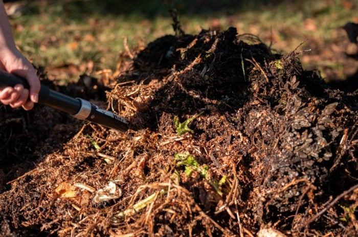 A gardener uses a garden pitchfork to turn a steaming heap of organic matter in an autumn setting, illustrating october composting in progress.