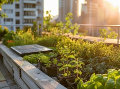 A green rooftop patio features raised wooden beds filled with various agricultural crops and herbs, alongside solar panels, all basking in the bright urban sunshine.