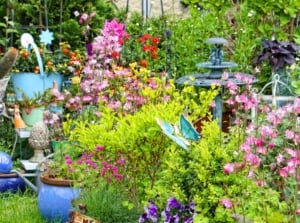 A wildlife garden in a small space showcases blooming perennials, native plants, shrubs, container plants, a birdbath, gardening decor, and artificial butterflies, creating a vibrant and inviting habitat.