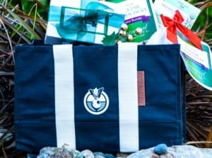 Black friday garden guide. A large blue branded bag with a visible logo is filled with assorted gardening supplies, including neatly packed gift sets of seeds.