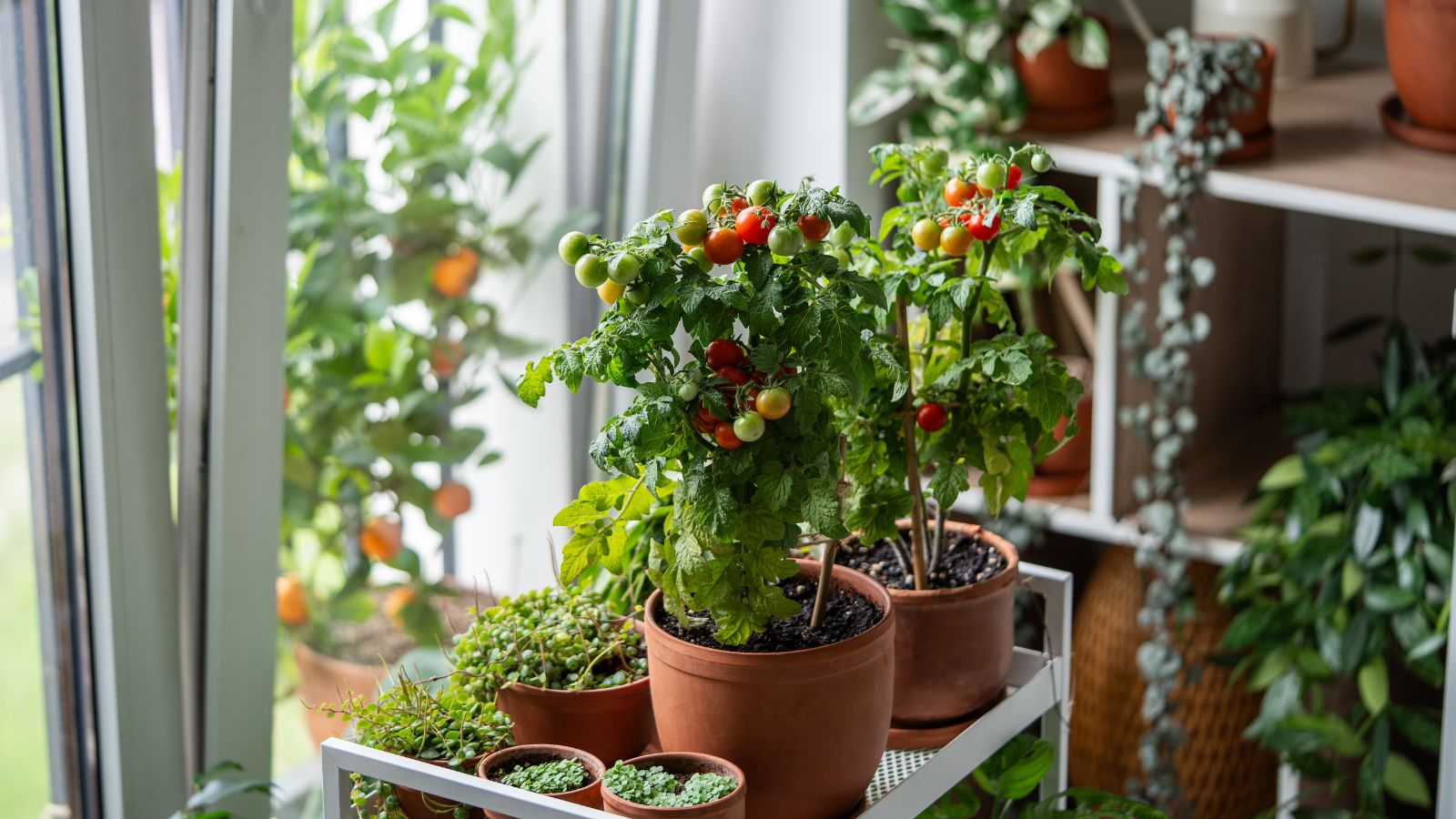 A close-up shot of several potted tomato crops, placed on top of a metal trolley near a window, all situated in a well lit area indoors