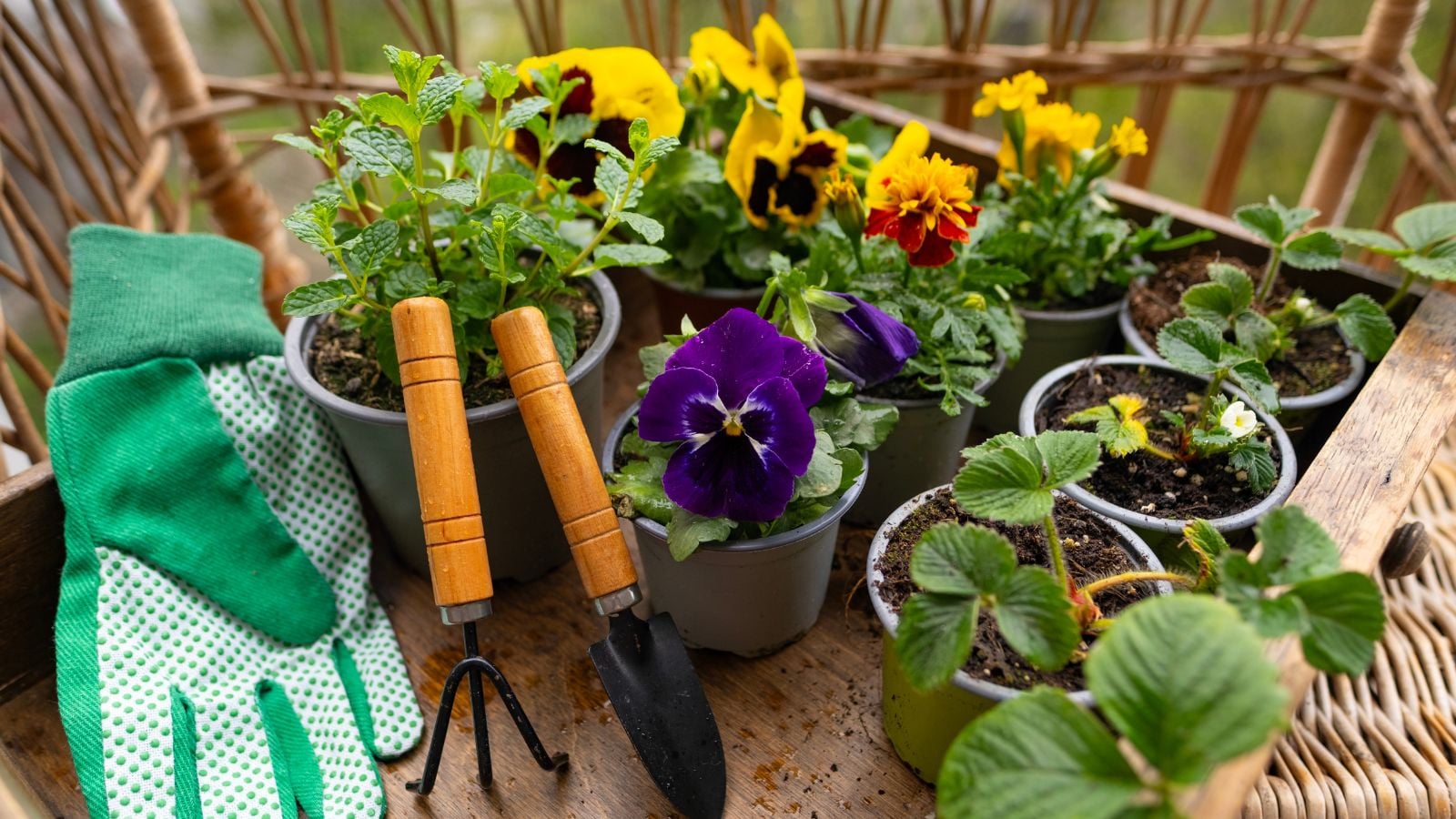 A close-up and overhead shot of a small group of potted flowers and herbs, placed alongside gardening tools and equipment, showcasing what to plant march