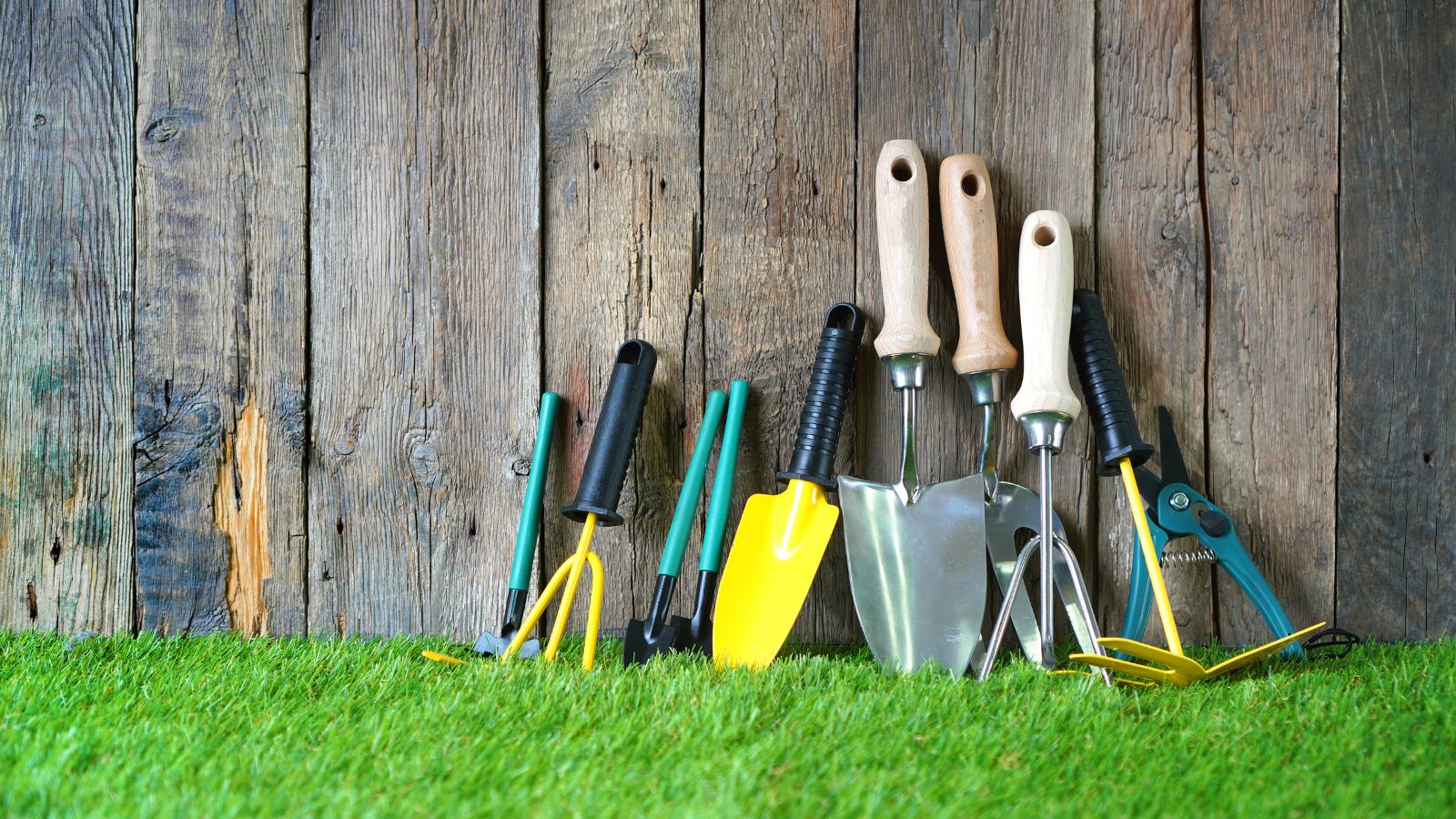 A close-up shot of a composition of brand new equipment and other items, leaning on a wooden fence, all situated in a grassy area outdoors