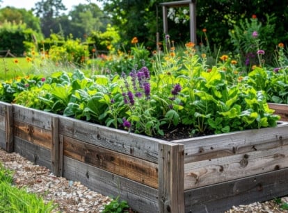 A close-up shot of a large composition of various plants and flowers, all placed on a large wooden planter, showcasing raised beds last longer