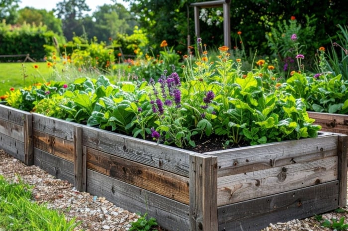 A close-up shot of a large composition of various plants and flowers, all placed on a large wooden planter, showcasing raised beds last longer