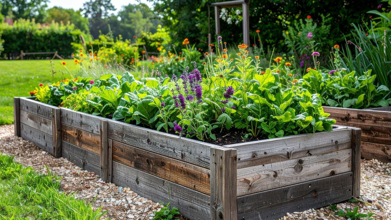 A close-up shot of a large composition of various plants and flowers, all placed on a large wooden planter, showcasing raised beds last longer