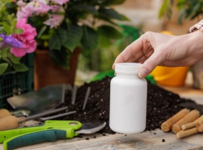 A close-up shot of a person placing a white bottle of liquid plant food, alongside other gardening tools and developing flowers, showcasing burn seedlings fertilizer