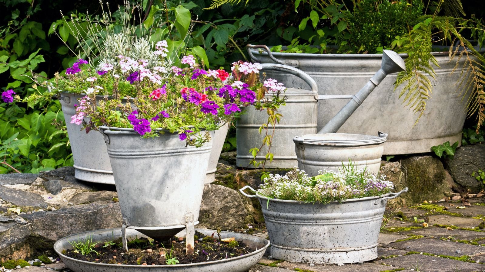 A close-up shot of several DIY planters, filled with various plants and flowers, all situated in a stone yard area outdoors