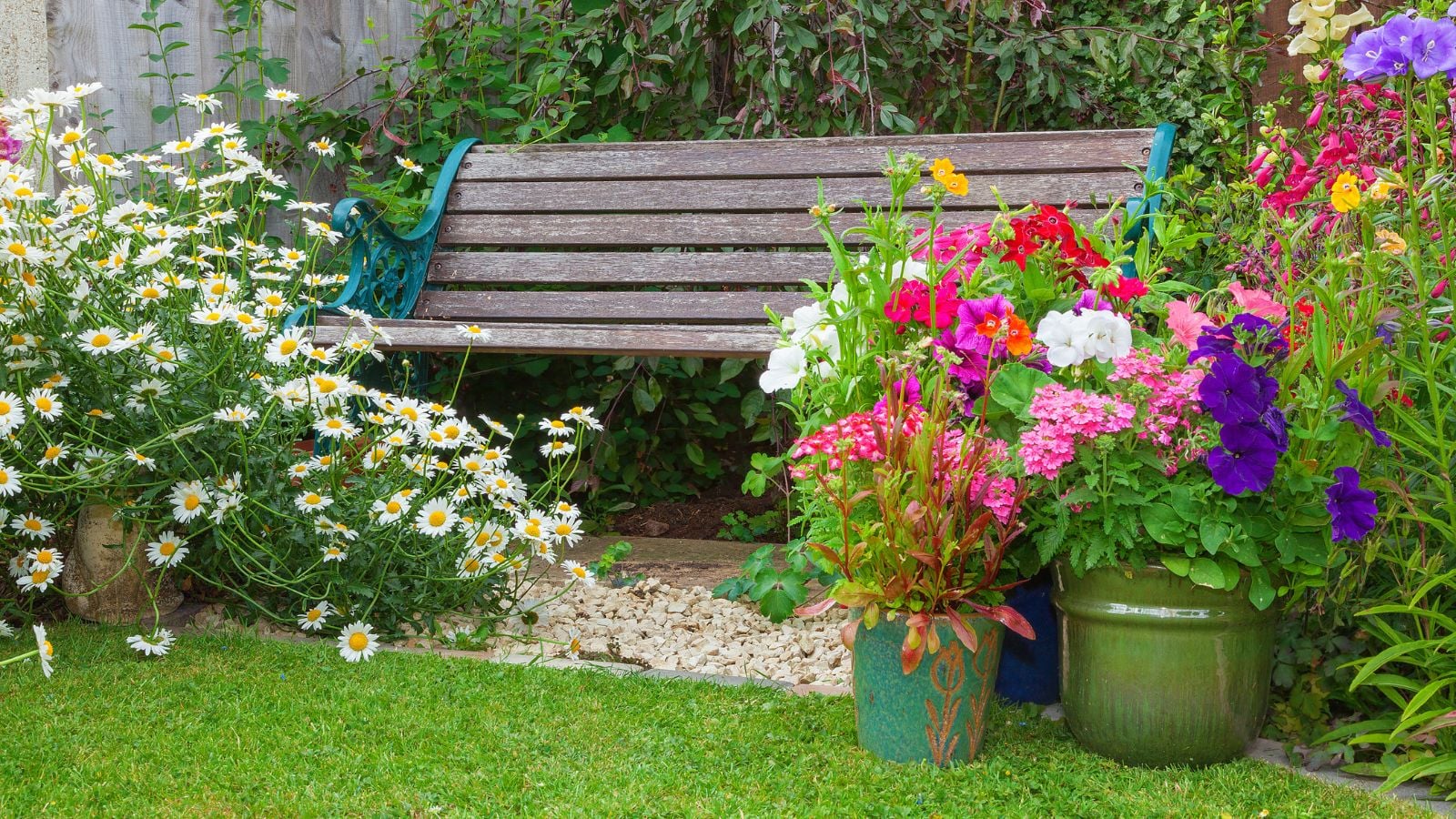 A close-up shot of various plants and flowers, placed on different planters with a wooden bench in the center, all situated in a well lit area outdoors