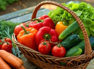 A close-up shot of a rustic wicker basket filled with freshly harvested crops, showcasing garden feed family