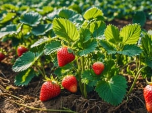 A close-up shot of a small group of healthy and developing red colored fruits alongside its green leaves, showcasing how to plant strawberries March