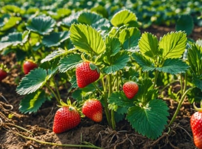 A close-up shot of a small group of healthy and developing red colored fruits alongside its green leaves, showcasing how to plant strawberries March