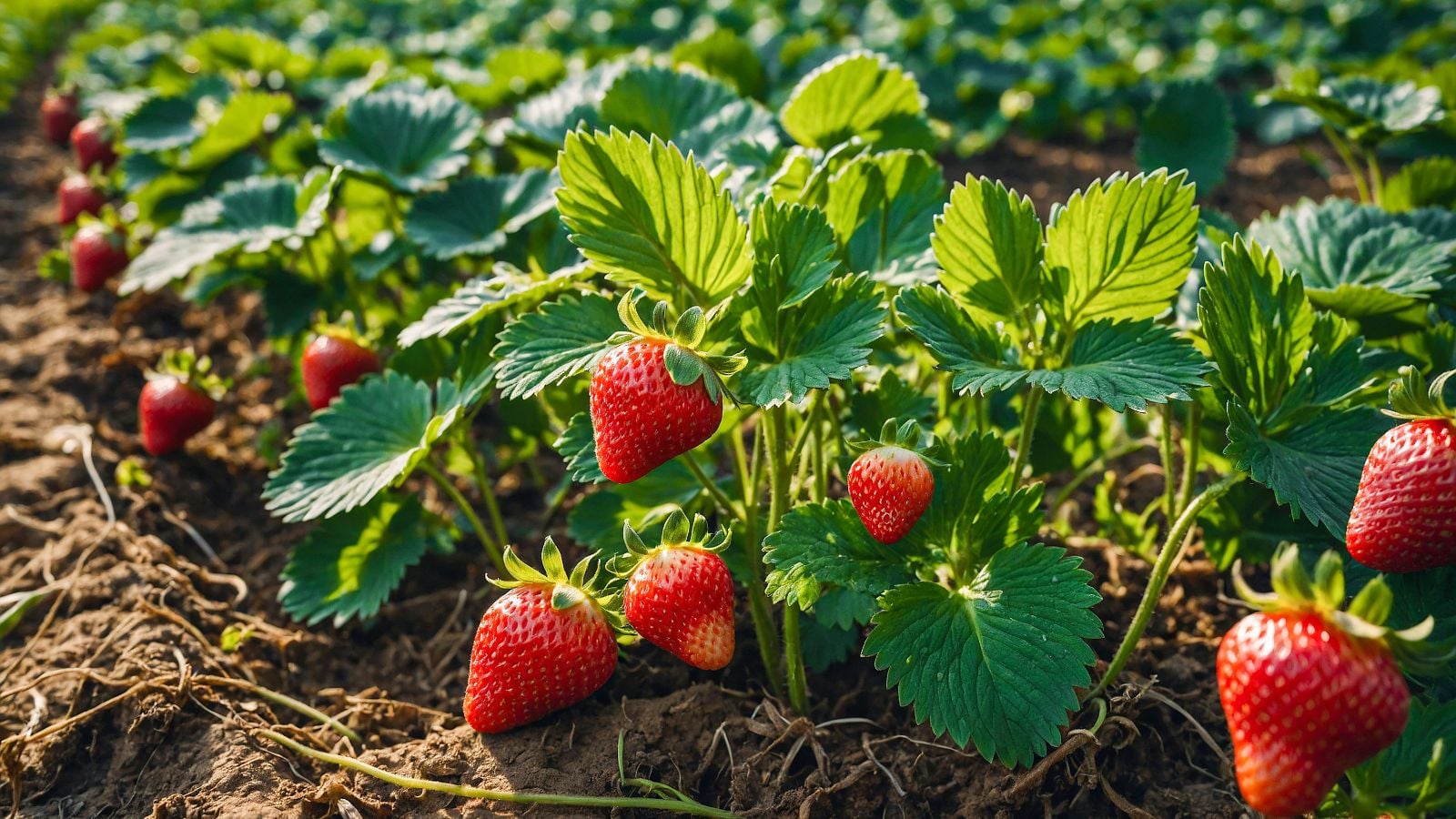 A close-up shot of a small group of healthy and developing red colored fruits alongside its green leaves, showcasing how to plant strawberries March