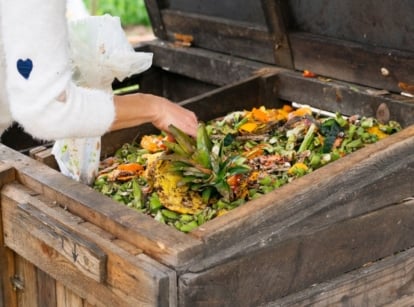 A close-up shot of a person beside a wooden pallet bin, showcasing how to start composting spring