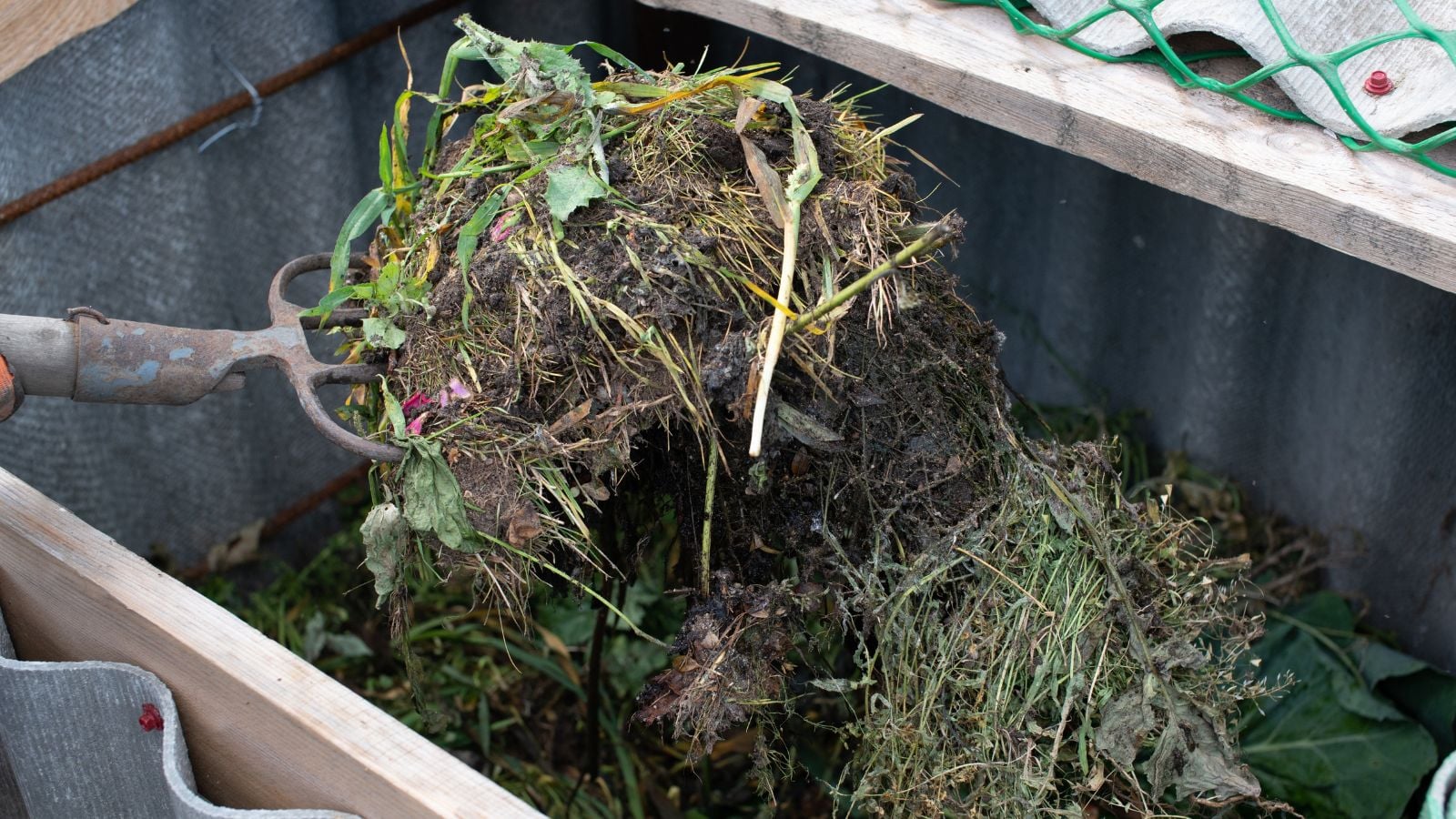 A close-up shot of a pitchfork being used to scoop up green and brown organic materials, placed in a large bin outdoors