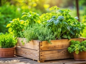 A crate of plants meant to grow herbs indoors vs. outdoors, surrounded by other greens and pots containing a variety of herbs