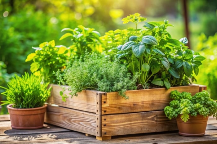 A crate of plants meant to grow herbs indoors vs. outdoors, surrounded by other greens and pots containing a variety of herbs