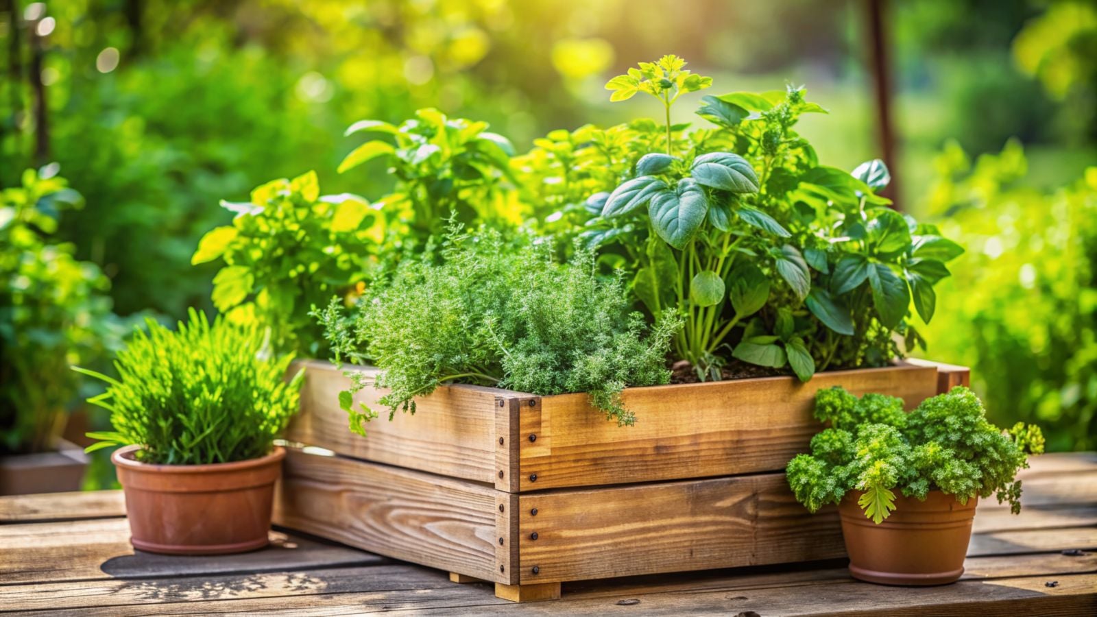 A crate of plants meant to grow herbs indoors vs. outdoors, surrounded by other greens and pots containing a variety of herbs