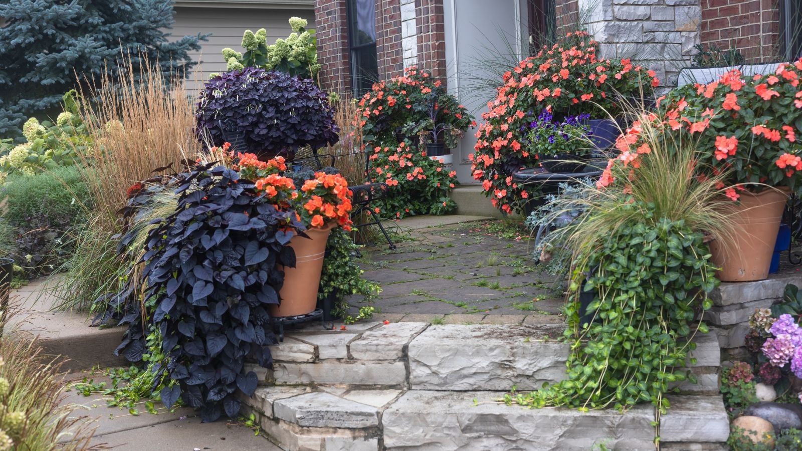 A set of outdoors stairs showcasing a Terracotta Goth Garden having stone steps with lush greenery and beautiful potted plants